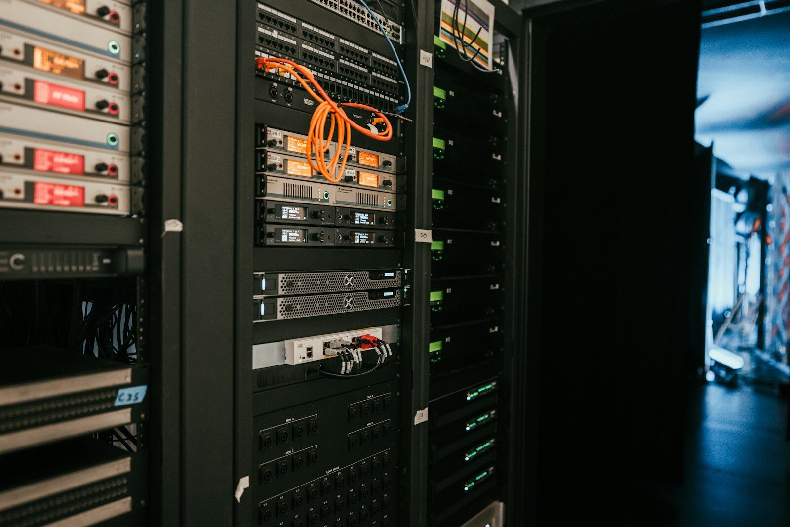 Rows of high-performance computing equipment in a data centre